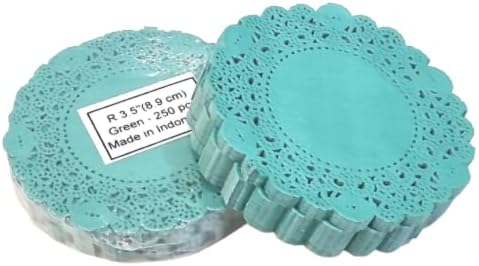 Doilykorea- 250 pcs Premium 3.5 inch Round Lace paper doilies-Non-Dust, Clean Cut, Simple design :Party/Gift/Pad for Cake Crafts/Home Decoration Table settings Placemat (ROUND - 3.5", bluish GREEN)