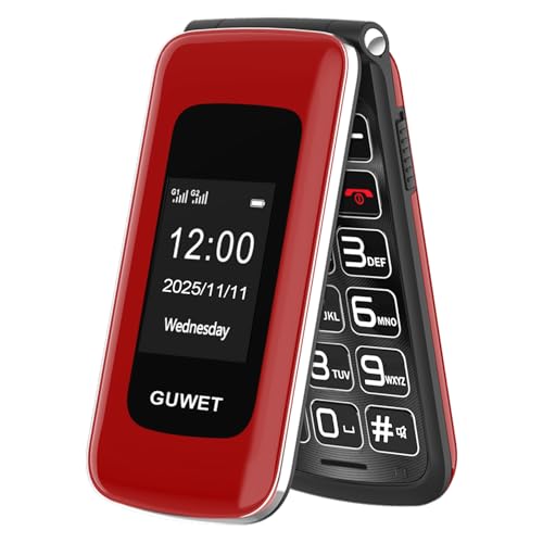 Guwet 2G Teléfono Móvil para Personas Mayores, Móvil con Tapa, Botón SOS, Batería de 1600 mAh, 2.4'+1.77' Doble Pantalla, Doble SIM con Doble Standby, Color Rojo.
