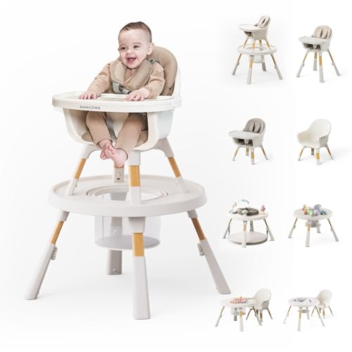 Image of MAMAZING 8-in-1 High Chair,Infant and Toddler High Chair with Removable Tray, Seating for 8 Stages of Development from Infant to Toddler, Convertible Baby high Chair with Activity Center,Khaki