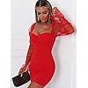 L'VOW Women's Sexy See-Through Mesh Sheer Puff Long Sleeve Club Dress Bodysuit Clubwear(Red,XX-Large)