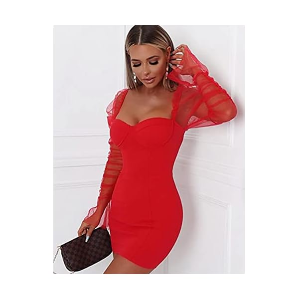 L'VOW Women's Sexy See-Through Mesh Sheer Puff Long Sleeve Club Dress Bodysuit Clubwear(Red,XX-Large)
