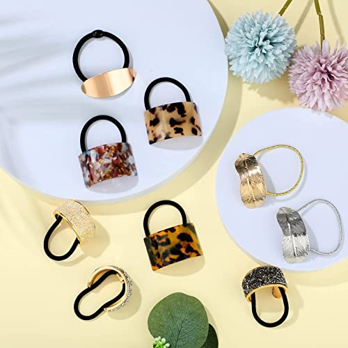 9 Pack Ponytail Hair Cuff Metal Rhinestone Ponytail Holder Elastic Glitter Decorative Hair Tie Gold Hair Ties Wrap Cuff Tortoise Shell Ponytail Ring Holder (Charming Style) #TOP1