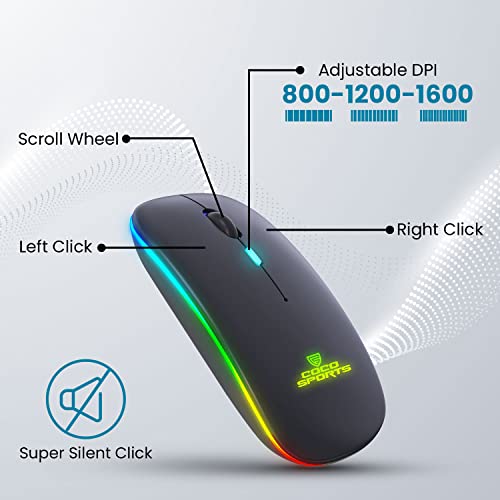 Image of coconut WM20 Lucid 2.4G Wireless + Bluetooth 5.1 Mouse, Slim Rechargeable 500mAh Silent Click RGB LED Wireless Gaming Mouse, Works on 2 Devices simultaneously, Windows /Mac /Android - Black