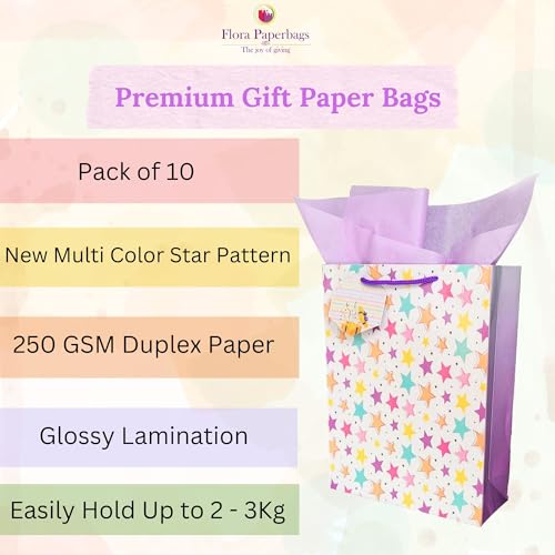 Image of Flora Paperbags - Gift Bags - Paper Bags For Return Gifts - Paper Gift Bag - Paper Bags Gifting For Weddings, Birthday Size-30X23X9Cm (1Count (Pack Of 10), Medium-Star), Multicolor