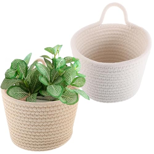 Lumeclat Set di 2 Cesti Sospesi in Cotone, Cesto da Parete come Vaso, Con possibilità di trasporto a mano, Cesto Portaoggetti, per Bagno, Soggiorno, riporre vestiti, Vaso Copripianta (Bianco, Marrone)
