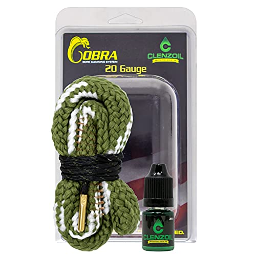 CLENZOIL Field & Range 20 Gauge Cobra Bore Cleaner | Gun Barrel Cleaning Tool Kit for 20 Ga. Shotgun | Brass Brush Embedded in Woven Barrel Rope | Includes CLP Gun Bore Cleaner Solution