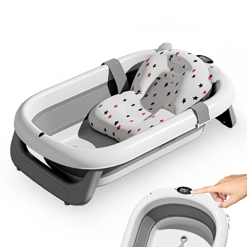 Baignoire Avec Capteur De TempéRature 85x53CM, Baignoire Pliable BéBé Pour Bain Douche Begnoire Enfant, Hamac Bassine RéDucteur Antiderapant Bouchon Confort Voyage...