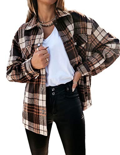 Himosyber Women's Vintage Lapel Plaid Button Up Wool Blend Shirts Shacket Coat (Brown, Large)