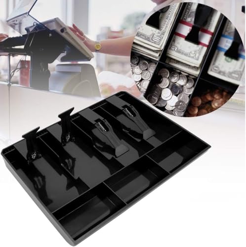 Image of Cash Register Drawer Insert Tray, Portable Currency Till Replacement Money Organizer with Spring-Loaded Note Clips and Divided Storage Sections for Shops, Offices and Billing Counters