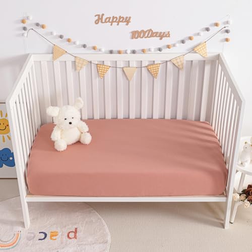 Image of NTBAY 2 Pack Muslin Cotton Mini Crib Sheets, Soft and Breathable Double Layer 24x38 Baby Crib Sheets for Mini Crib and Toddler Mattresses, Boys, Girls, Unisex, Blush Pink, 24x38 Inches