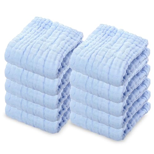 Image of Dream Picks 10 Pack Soft Muslin Unisex Baby Washcloths for Daily Use, 100% Cotton Set for Delicate Skin. Soft and Super Absorbent, Newborn Baby Essentials and Baby Registry,12x12 Inches (Blue)