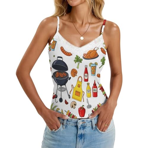 iiceop Tank Tops for Women BBQ Sausage Tank Top Lace V Neck Spaghetti Strap Adjustable Camisole Tops 3XL