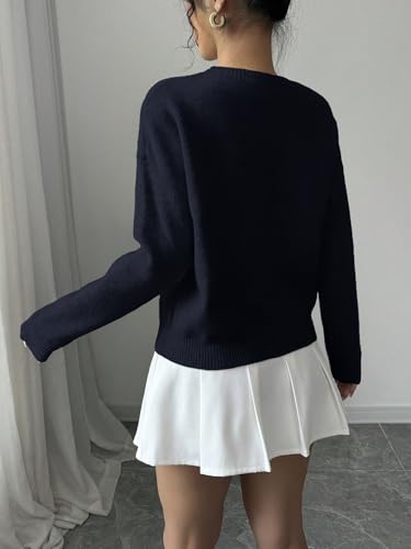 Image of Verdusa Women's Spring 3D Flower Appliques Crewneck Sweaters Long Sleeve Drop Shoulder Pullovers Knit Going Out Tops