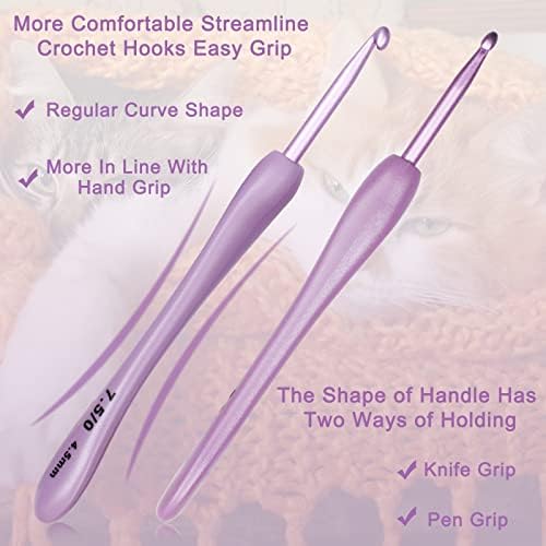Aeelike Crochet Hook Set with Plastic Handle, Ergonomic Crochet Hooks Set for Arthritic Hands, 8 PCS Metal Easy Grip Crochet Hooks from 2.5 mm to 6.0 mm, Purple Crochet Needles for Crocheting Yarn