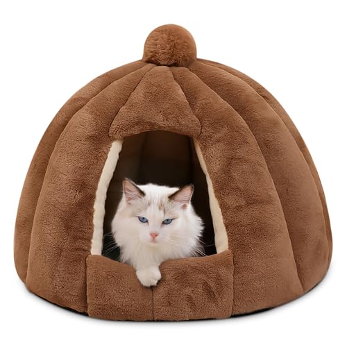 ALLSOPETS Cuccia Grotta per Gatti e Cani, Cuccia Igloo da Interno con Cuscino Removibile Lavabile, Nido Caldo e Accogliente per Animali di Taglia Piccola e Media (Marrone Castagna, L)