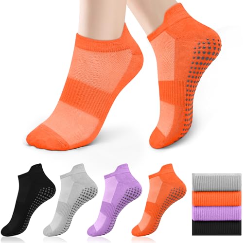 Tobfit 4 Pares Calcetines Yoga Pilates, Comodos Calcetines Antideslizantes para Mujeres y Hombres, Calcetín Tobillero Deportivo Transpirables Con Puntos Antideslizantes, Talla única 36-41
