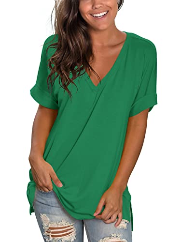 Image of Sampeel Women's V Neck T Shirts Casual Rolled Short Sleeve Side Split Summer Tops Loose Fit