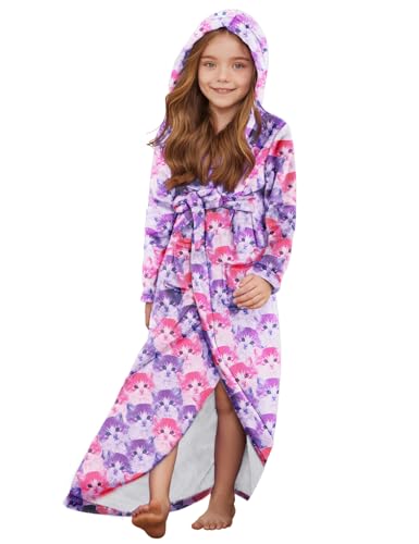 Image of Jxstar Girls Bathrobes Kids Long Hooded Robes Plush Full Length Coral Fleece Pajamas Sleepwear