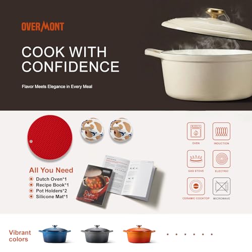 Image of Overmont Enameled Cast Iron Dutch Oven - 5.5QT Pot with Lid Cookbook & Cotton Potholders - Heavy-Duty Cookware for Braising, Stews, Roasting, Sourdough Baking White