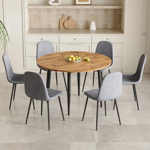 Image of Wood Dining Table Set for 6, 42 inch-54 inch Round to Oval Extendable Table with 6 Linen Fabric Chairs, Space-Saving Contemporary Dining Room Table Set for Small Apartments or Kitchens, Easy Assembly