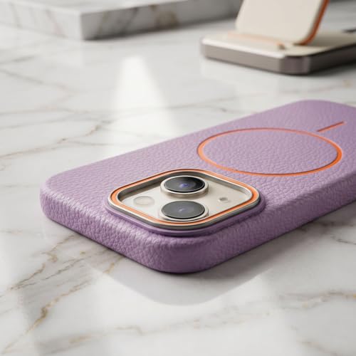 Image of amazon basics Luxury MagSafe Compatible Leather Texture Back Cover for iPhone 13 | Raised Camera Protection | Slim Fit Shockproof Case with Metallic Accents (Purple)