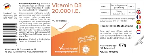 Vitamintrend Vitamin D3 20000 I.E. hochdosiert, 90 Tabletten, schluckfreundlich, Sonnenvitamin Cholecalciferol, Nahrungsergänzungsmittel ohne Zusätze, in Deutschland hergestellt