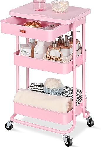 APEXCHASER Rolling Storage Cart with Drawer & Table Top, 3 Tier Metal Rolling Utility Cart, Rolling Cart Organizer for Teacher Craft Baby Nursery, Utility Cart for Kitchen Bathroom (Pink)