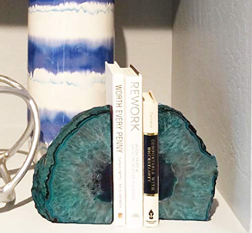 Amoystone Bookends Agate Decorative Book Ends For Shelves Heavy Duty Crystal Quartz Bookends Dyed Teal With Rubber Bumpers(1 Pair, 3-4 Lbs) #TOP1