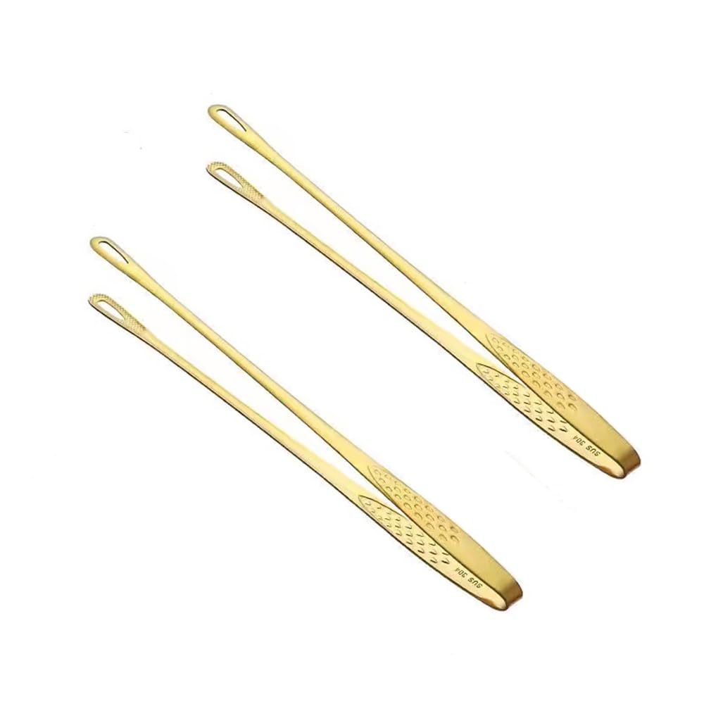 2 Pieces Korean and Japanese BBQ Tongs Grill Tongs Non-Slip Cooking Utensils Stainless Steel Tongs for Serving Food, Salad, Camping, Barbecue, Buffet, Oven, Gold, 9.4Inches