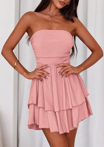 Image of PRETTYGARDEN Women's 2026 Summer Strapless Tube Mini Dress Off Shoulder Smocked Ruffle A Line Flowy Short Party Club Dresses