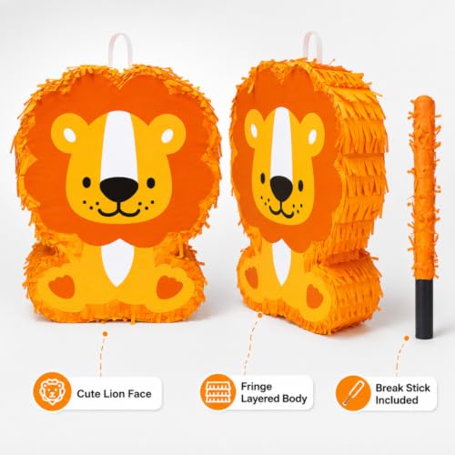 Image of Wanna Party Lion Shaped Pinata with Stick for Kids Birthday Party, Jungle Safari Animal Pinata Khoi Bag, Candy Fillable for Jungle Theme Birthday Decoration