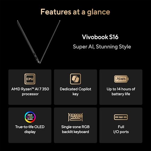 undefined ASUS Vivobook S16 Laptop, Copilot+ PC, AMD Ryzen AI 7 350 with XDNA NPU, 16GB Memory, 1TB SSD, Neutral Black, M5606KA-DS76 の商品画像 2