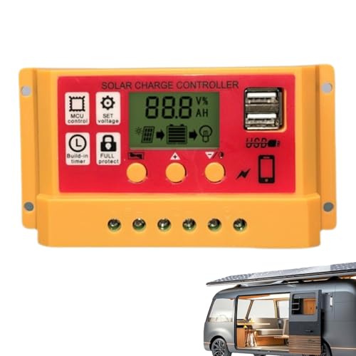 Sghtil Controlador de carga del panel solar, controlador de panel solar - Regulador del panel solar 12V/24V con LCD | Doble puerto USB, ajustes de temporizador automático, modo de