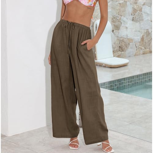 Image of Duyang Womens Cotton Linen Palazzo Pants Drawstring Elastic Waist Casual Wide Leg Trousers with Pockets
