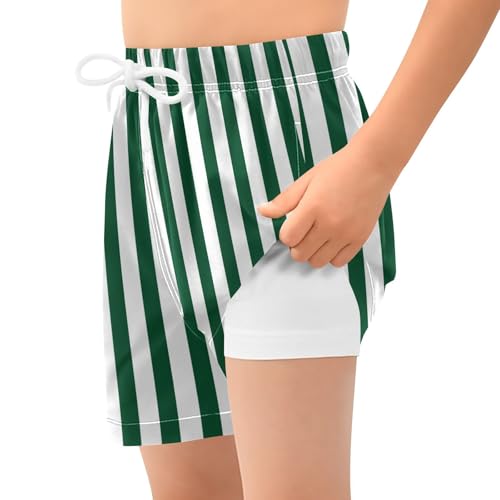 Dark Green White Stripes Boys Swim Trunks with Compression Liner Quick Dry Bathing Bottom Kids Beach Shorts2