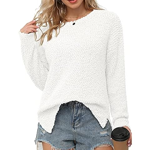 GRECERELLE Womens Chunky Knit Jumper Sherpa Fleece Fuzzy Fluffy Sweatshirt Ladies Casual Crew Neck Tunic Sweaters Winter Autumn Spring Warm Soft Pullover Tops for Women (White, S) Cover