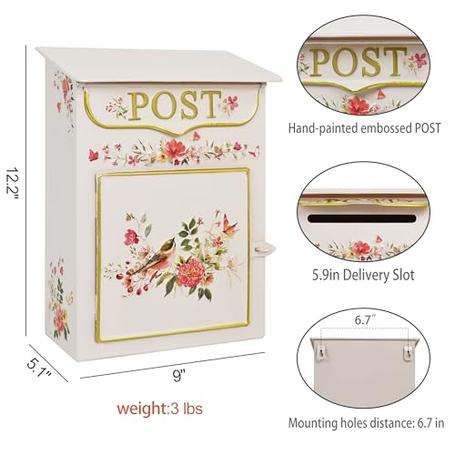 Image of Mailbox Wall Mount Mailboxes for Outside Vintage Mail Boxes for House Outside Metal Drop Box Antique Style Nostalgic Charm Home Decorative, Flower Pattern Pink