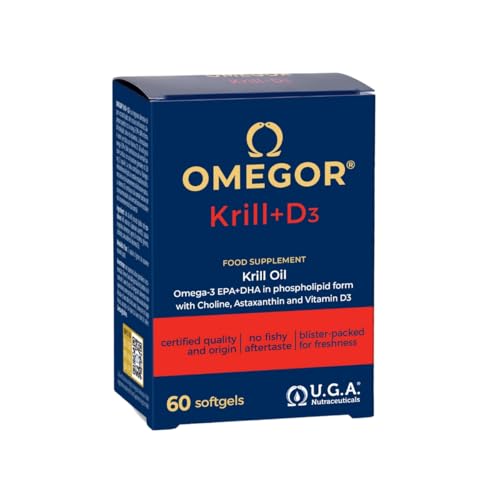 Aceite de Krill Omega 3 IFOS Certificado - OMEGOR Krill Oil Omega3 EPA y DHA con Vitamina D3, Fosfolípidos, Colina y Astaxantina de Alta Biodisponibilidad - sin Sabor a Pescado (60 Cápsulas)