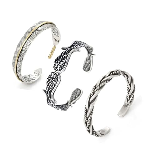 3pcs vintage silver plated bracelet, Angel wings/feathers/twisted woven open bracelet jewelry gift