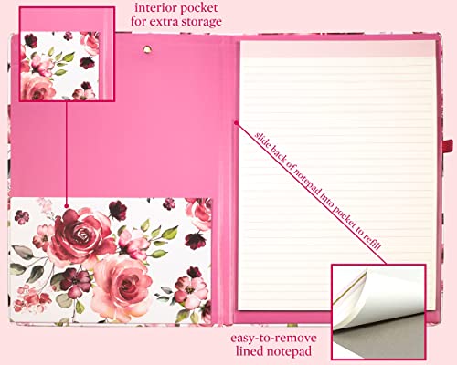 Steel Mill & Co Cute Clipboard Folio With Refillable Lined Notepad And Interior Storage Pocket, Pink Padfolio For Work, Rose Floral #TOP1