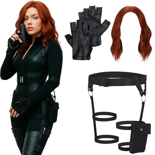 Suncalla 5 Pcs Halloween Black Spider Costume for Women Assassin Red Wig Hairnet Black Gloves Belt Gun Stocks Spy Accessories for Halloween Cosplay