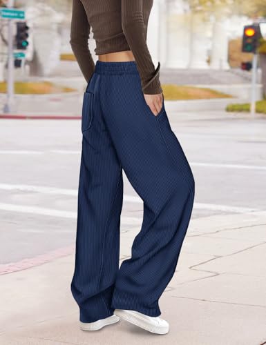 YESNO Women's Corduroy Casual Baggy Pants Elastic Waist Wide Leg Trousers with Pockets PCB4