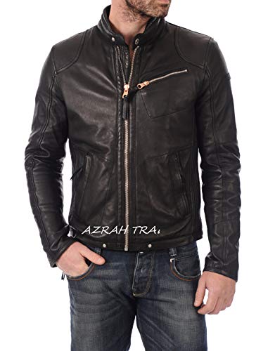 Image of 100% Leather Jacket for Men - Round Collar Slim Fit - Moto, Bomber, Biker Winter Casual Wear
