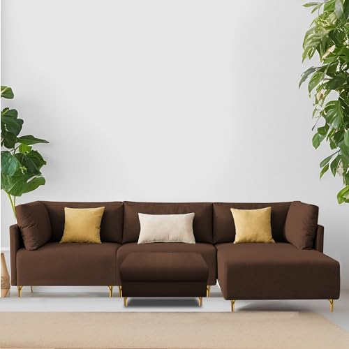 Image of Carina RHS 4 Seater L Shape Sofa Set with Center Table for Living Room (Brown Fabric) Premium Fabric Sofa