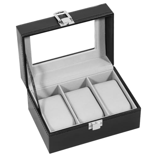 Uten Caja de Relojes con 3 Compartimentos, Caja para Reloje PU, Cerradura con Llave, Tapa Vidrio, Forro Terciopelo Gris, para Exhibición y Almacenamiento Relojes Joyería, Regalo Ideal