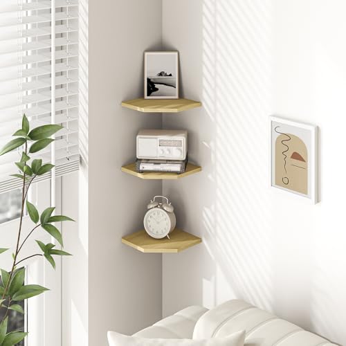 Image of Corner Shelf Wall Mount, Floating Corner Shelves, Set of 3 Corner Wall Shelf Organizer, Rustic Wood Wall Storage Display Shelves for Living Room Bedroom Bathroom Kitchen, Rustic Brown, Oak