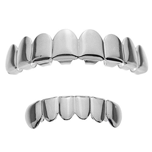 Best Grillz Set 8 Eight Tooth Top Upper 6 Six Bottom Lower Silver Tone Hip Hop Teeth Grills
