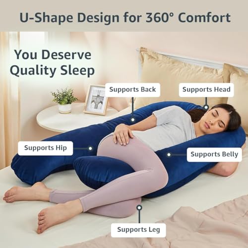 Image of Amazon Basics Velvet Full Body Pregnancy Pillow for Maternity,Baby Nursing,Full Body Support-|Perfect Baby Shower Gift|U-Shaped-Washable Cover with Zip - Navy Blue