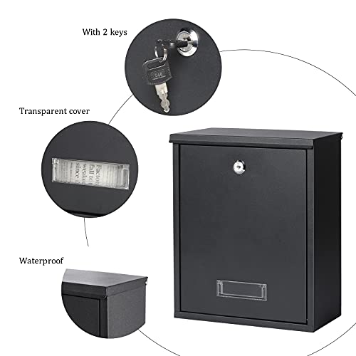 Image of Jssmst Locking Mailbox Wall Mount Key Lock Drop Box Large Capacity with Galvanized Steel Cover and Rust-Proof Metal Post Box, Black Matt, SM-0702LK,Medium