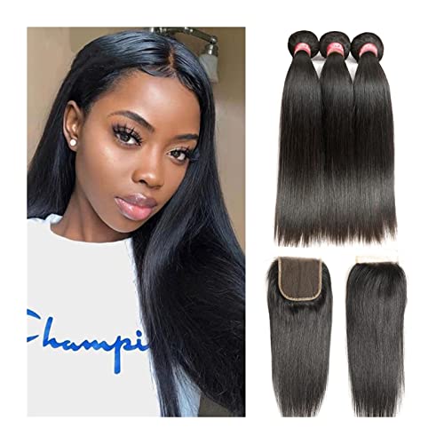 Extension Cheveux Poules de cheveux raides avec fermeture, brésiliens brésiliens Hair 3 paquets avec fermeture, 8-36 pouces Remy Extensions de cheveux humains, couleur noire naturelle Extensions de ch Cover